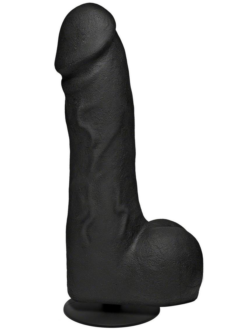 Merci The Really Big Dick 12 Inch Suction Cup Dildo Black displayed upright on a base, showcasing its realistic design.