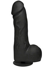 Merci The Really Big Dick 12 Inch Suction Cup Dildo Black displayed upright on a base, showcasing its realistic design.
