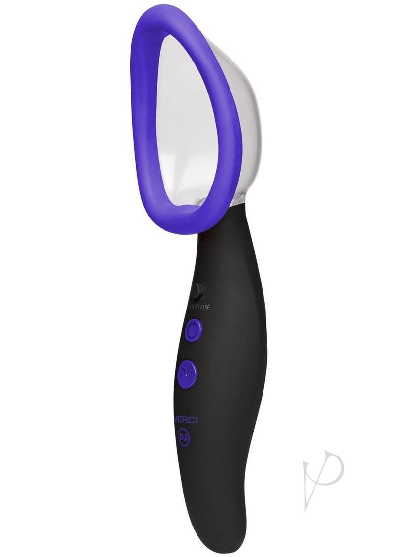 Merci Pumped Silicone Vibrating Pussy Pump Black with transparent cup and adjustable controls.