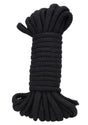 In A Bag Cotton Bondage Rope 32 Feet Black rolled neatly, perfect for restraint play and made from soft cotton.