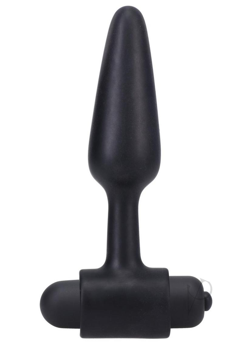 In a Bag Silicone Vibrating Butt Plug 4 inch Black with tapered design and removable vibrating bullet for stimulation.