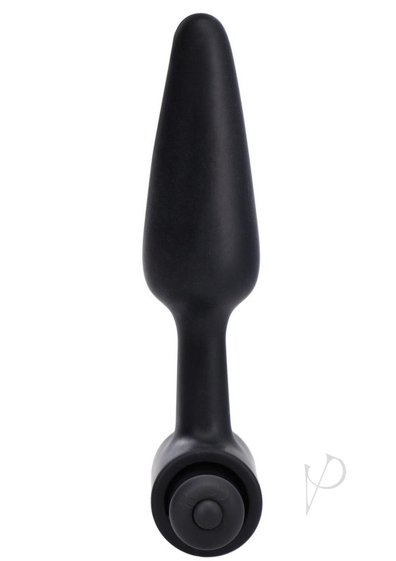In a Bag Silicone Vibrating Butt Plug 4 inch Black showing tapered design and removable vibrating bullet.