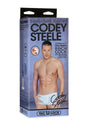 Signature Cocks Codey Steele 8 Inch Suction Cup Dildo product packaging with a male model and detailed features.