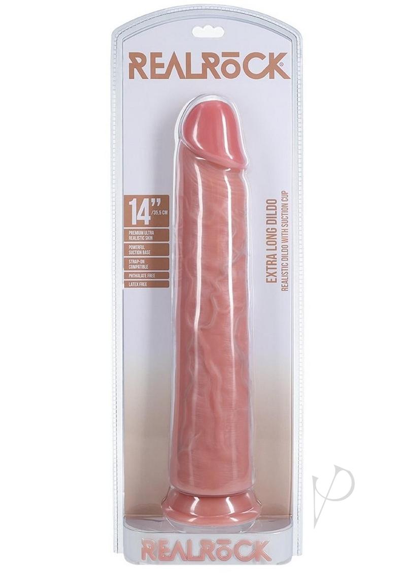 RealRock 14 Inch Straight Dildo Suction Cup Vanilla in packaging with lifelike details and suction base.