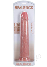 RealRock 14 Inch Straight Dildo Suction Cup Vanilla in packaging with lifelike details and suction base.