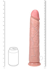 RealRock 14 Inch Straight Dildo Suction Cup Vanilla displayed beside a can for size reference.