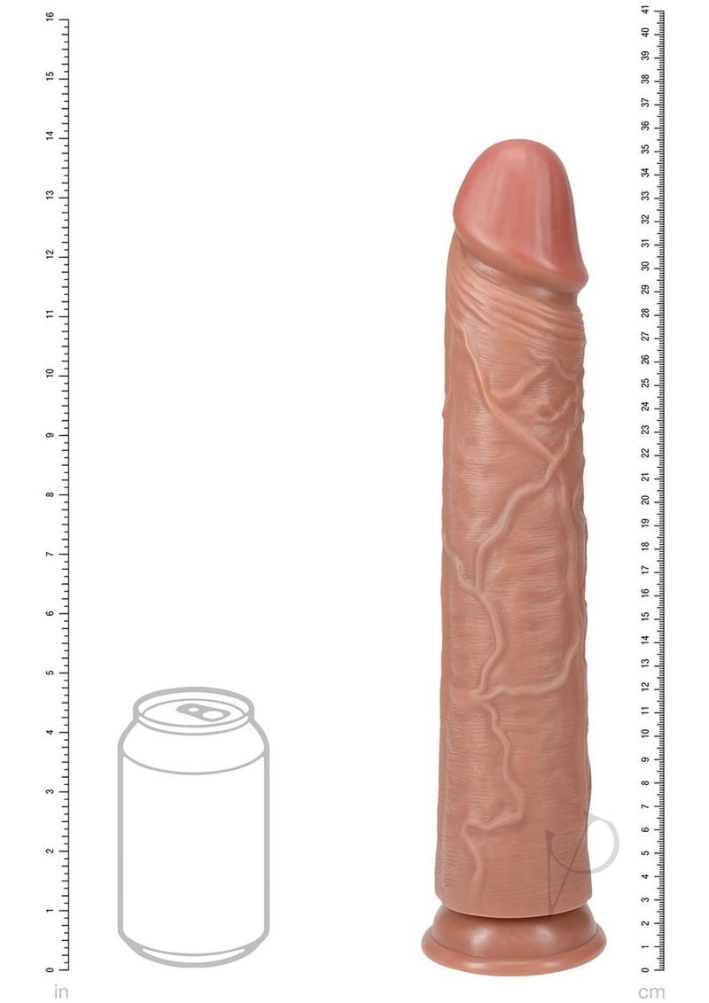 RealRock 14 Inch Realistic Dildo Suction Cup Caramel beside a can for size comparison.