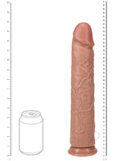 RealRock 14 Inch Realistic Dildo Suction Cup Caramel beside a can for size comparison.
