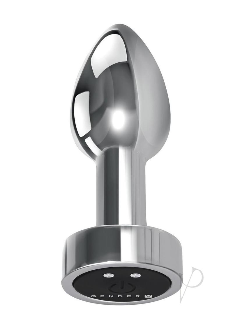 Gender X Rockin Rechargeable Metal Mini Plug Silver sleek metal plug with tapered tip and control base.