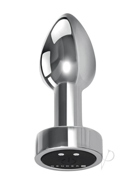 Gender X Rockin Rechargeable Metal Mini Plug Silver sleek metal plug with tapered tip and control base.