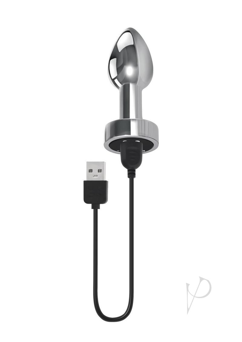 Gender X Rockin Rechargeable Metal Mini Plug Silver with USB charging cable, designed for smooth pleasure.