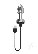Gender X Rockin Rechargeable Metal Mini Plug Silver with USB charging cable, designed for smooth pleasure.