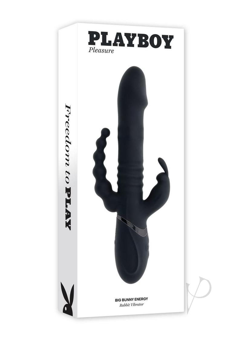 Playboy Big Bunny Energy Triple Rabbit Vibrator Black in sleek packaging showcasing its innovative design.