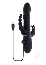 Playboy Big Bunny Energy Triple Rabbit Vibrator Black with USB charging cable and unique triple-shaft design.