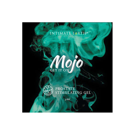 Mojo Get it On Prostate Stimulating Gel 0.10 Oz Foil packaging with vibrant teal design on black background.