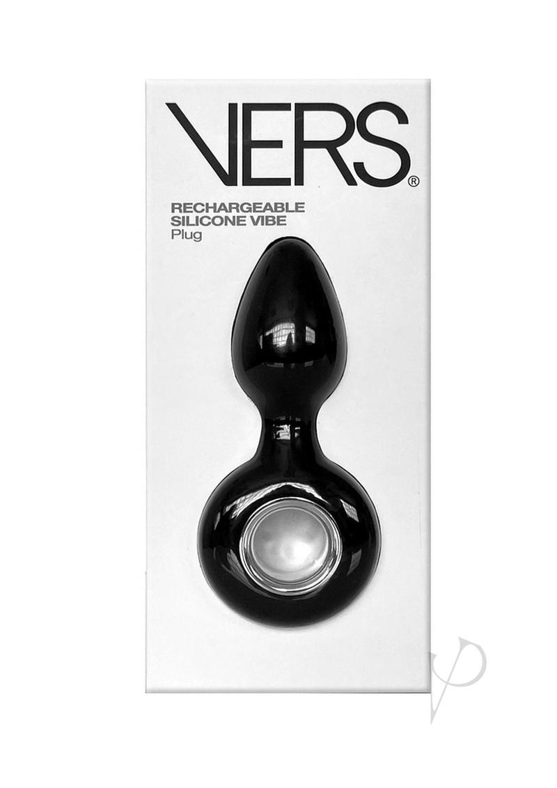 Vers Plug Vibrating Rechargeable Silicone Anal Plug Black in packaging with sleek design and rechargeable features.