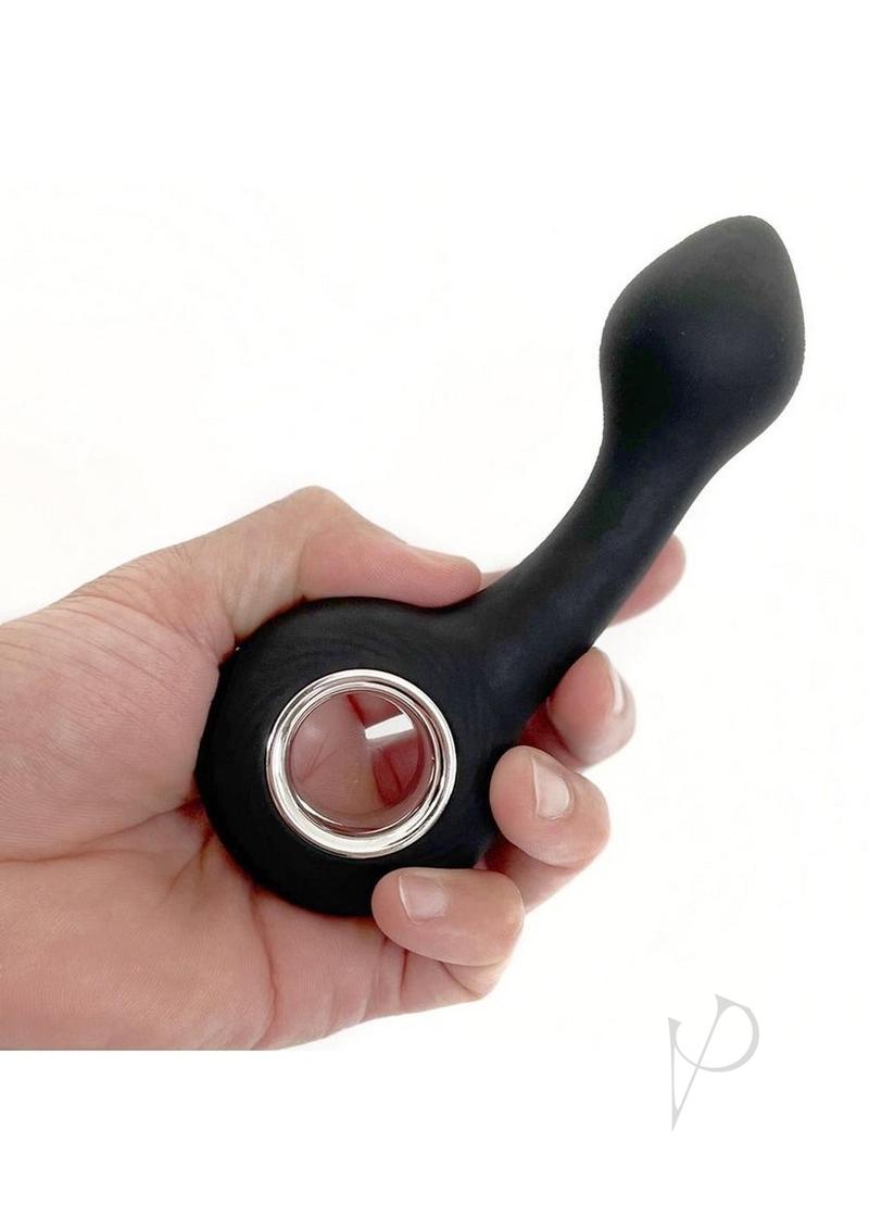 Vers G-Spot Rechargeable Silicone Vibrator Black held in a hand, showcasing its ergonomic design.