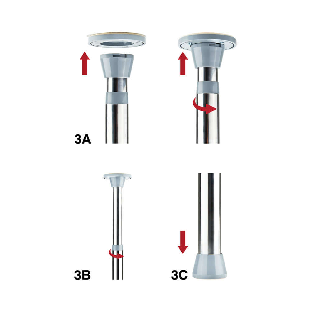 Ouch Fully Adjustable Dance Pole Silver installation guide showing different adjustment steps and components.