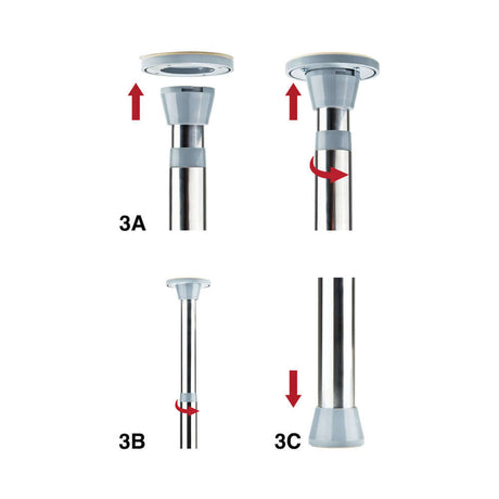 Ouch Fully Adjustable Dance Pole Silver installation guide showing different adjustment steps and components.