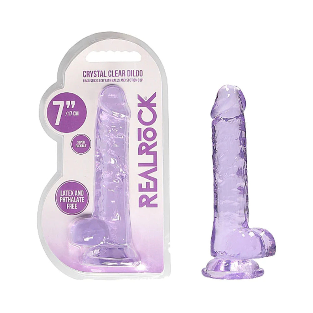 RealRock Crystal Clear Realistic 7 inch Dildo With Balls and Suction Cup Purple