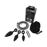 Bathmate Anal Training Plug Vibe Black set including three plugs, bullet vibrator, and storage bag.