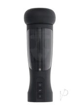 Playboy End Game Warming Stroker with UV Stand Black, featuring controls and a clear sleeve for intense sensations.