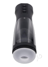 Playboy End Game Warming Stroker with UV Stand Black top view showing controls and textured sleeve.