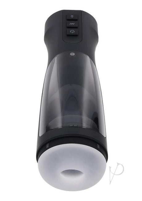 Playboy End Game Warming Stroker with UV Stand Black top view showing controls and textured sleeve.