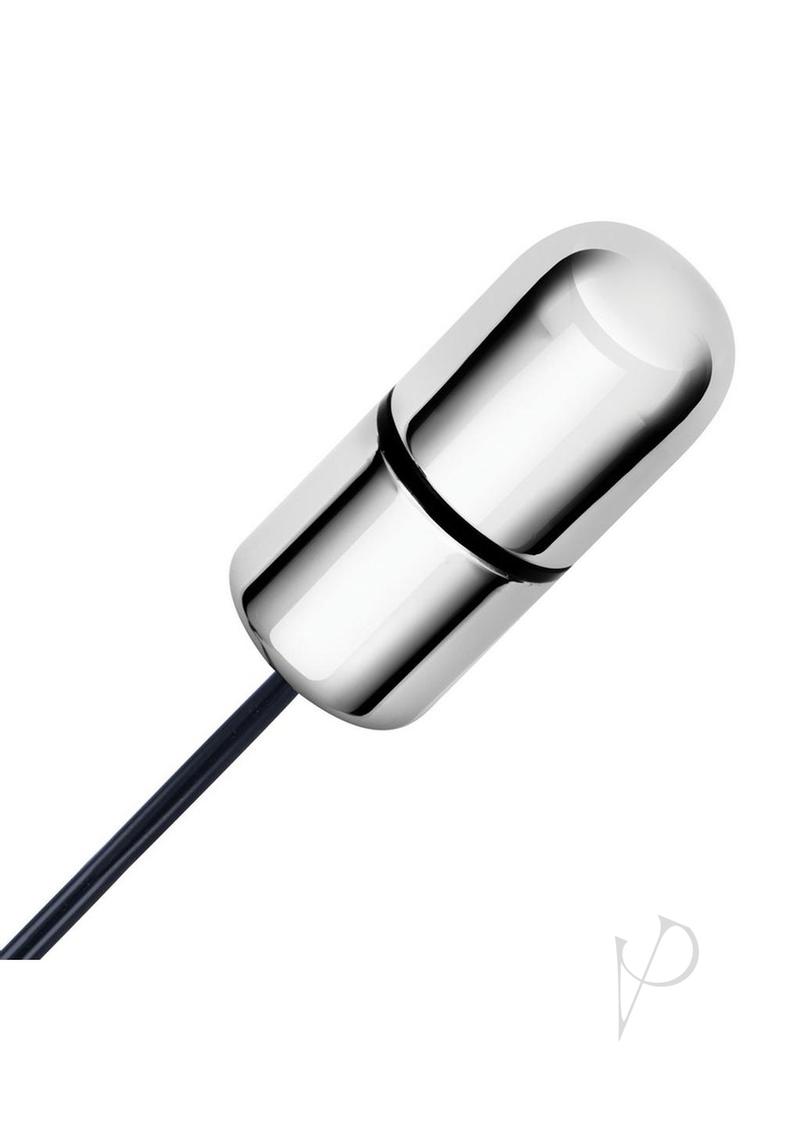 Lux Fetish Electro Shock Bullet Wired Remote Control Black close-up view of sleek metal design with wire.