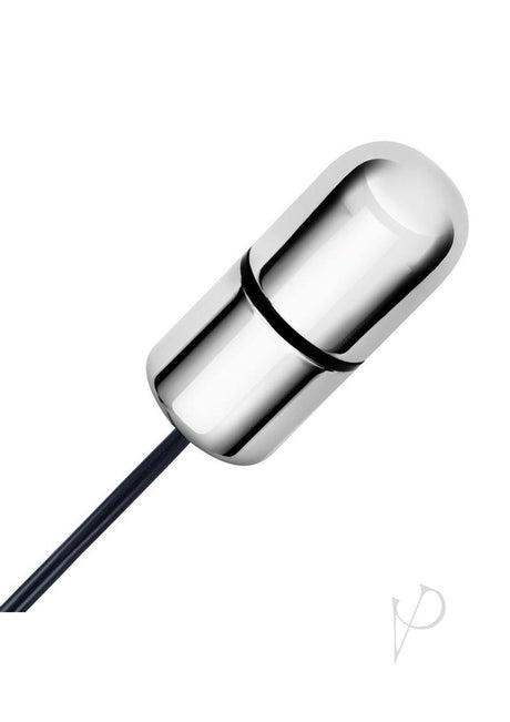Lux Fetish Electro Shock Bullet Wired Remote Control Black close-up view of sleek metal design with wire.