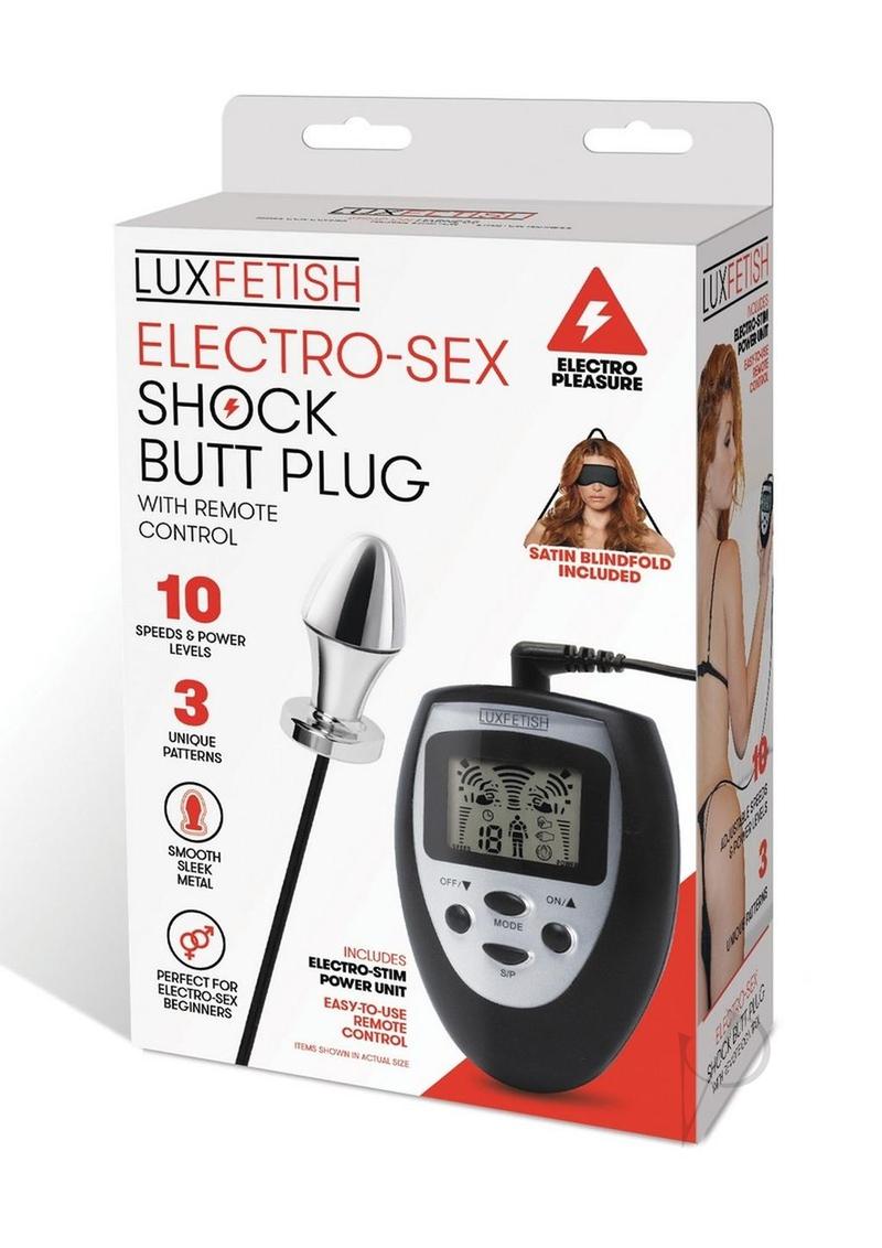Lux Fetish Electro Sex Shock Butt Plug Remote Black packaging showcasing remote control and butt plug features.