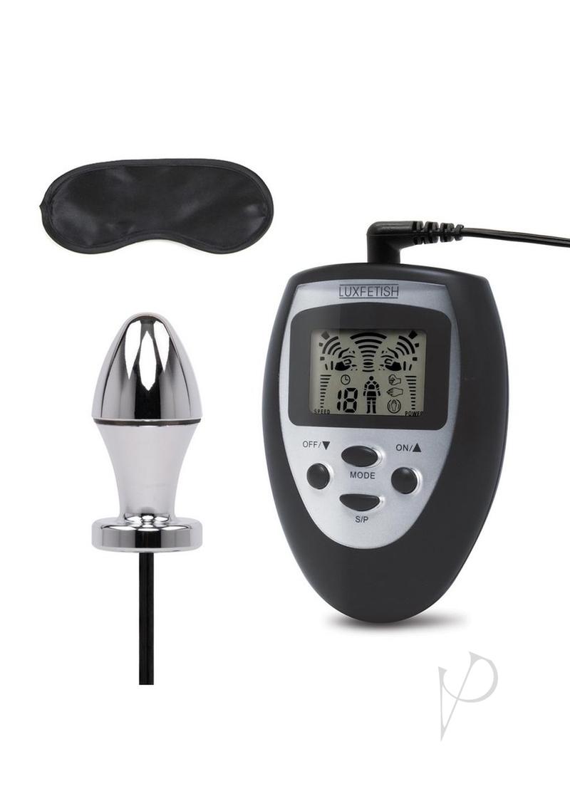 Lux Fetish Electro Sex Shock Butt Plug Remote Black with wired remote and eye mask for enhanced sensation.