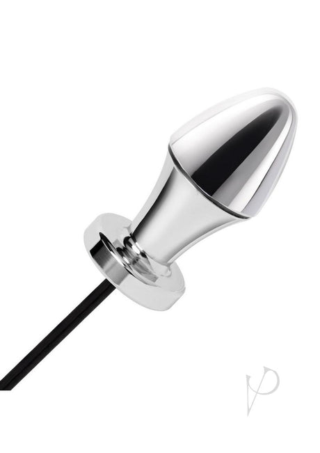 Lux Fetish Electro Sex Shock Butt Plug Remote Black close-up of sleek metal design and wired connection.