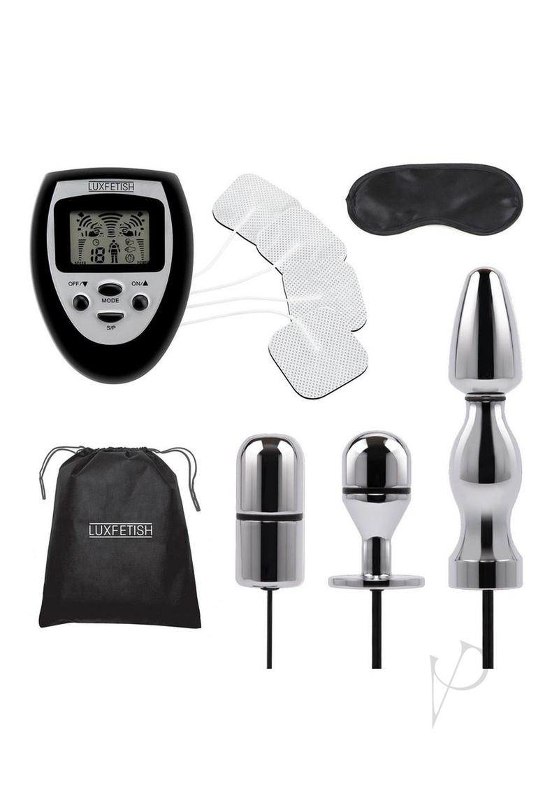 Lux Fetish Electro Sex Ultra Shock Set 9 Piece Black including controller, electrodes, and stimulation accessories.