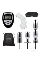 Lux Fetish Electro Sex Ultra Shock Set 9 Piece Black including controller, electrodes, and stimulation accessories.
