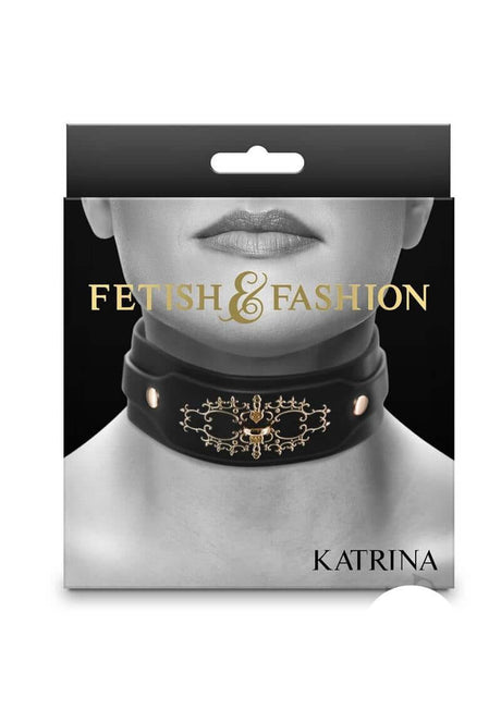 Fetish and Fashion Katrina Collar Black and Gold packaging featuring elegant design and embellishments.