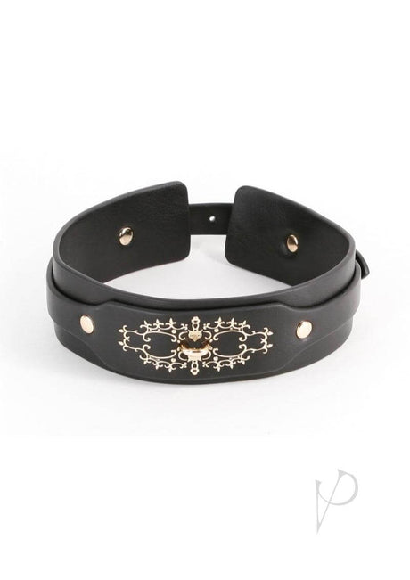Fetish and Fashion Katrina Collar Black and Gold featuring a stylish black band with golden embellishments.