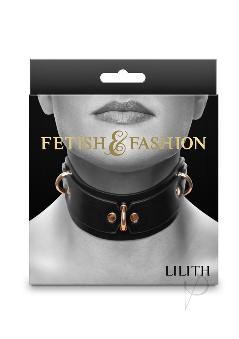 Fetish and Fashion Lillith Collar Black Gold packaging featuring a model wearing the collar with bold accents.