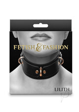 Fetish and Fashion Lillith Collar Black Gold packaging featuring a model wearing the collar with bold accents.