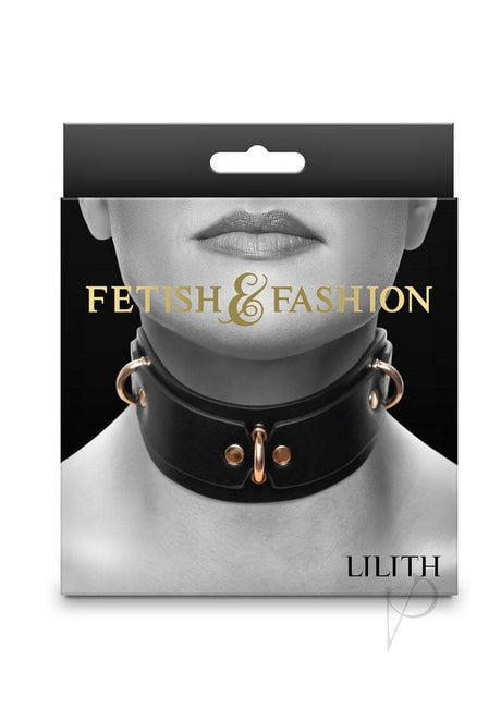 Fetish and Fashion Lillith Collar Black Gold packaging featuring a model wearing the collar with bold accents.