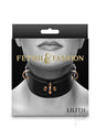 Fetish and Fashion Lillith Collar Black Gold packaging featuring a model wearing the collar with bold accents.