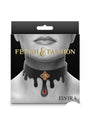 Fetish & Fashion Elvira Collar Black Gold packaging featuring a model's neck with a black collar and ruby gem.