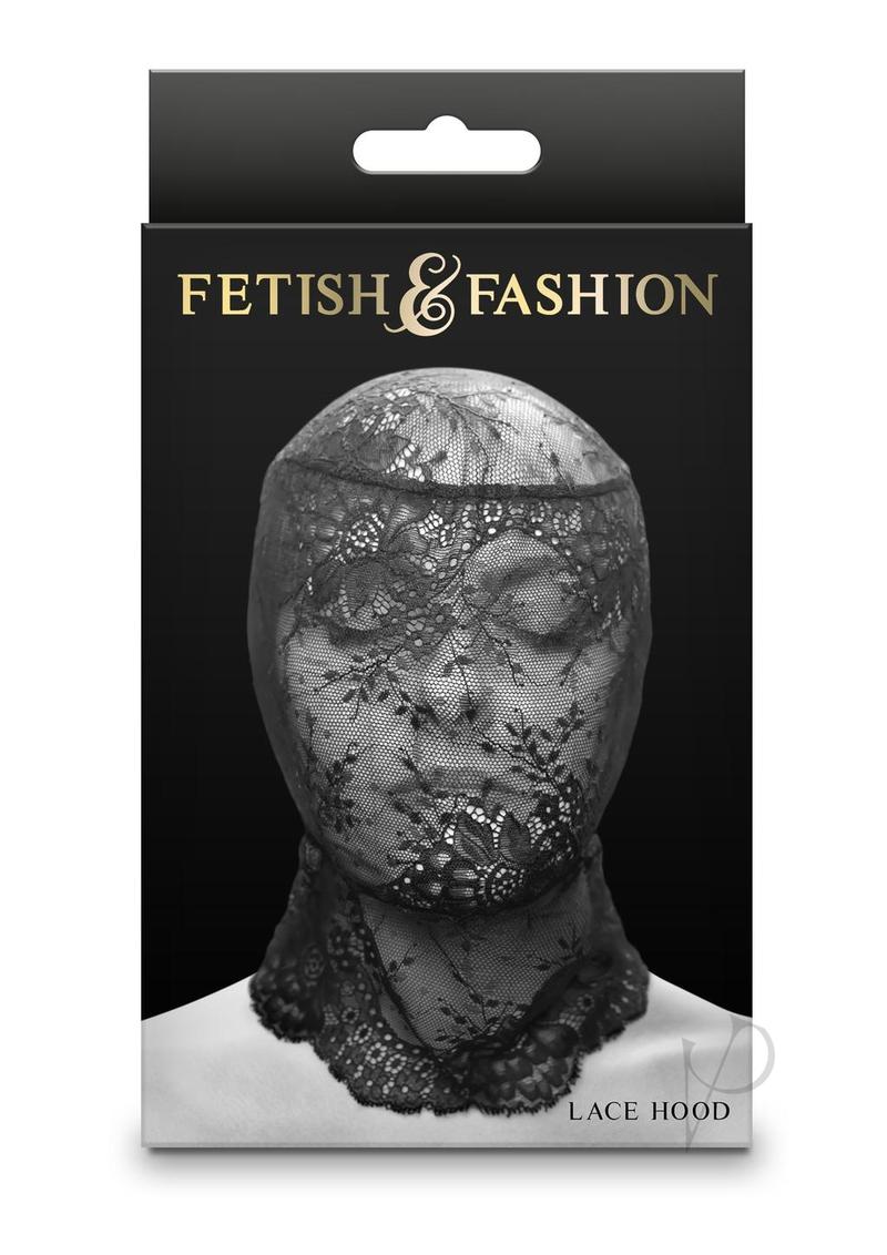 Fetish and Fashion Lace Hood Black packaging displaying a sensual lace hood designed for intimate encounters.
