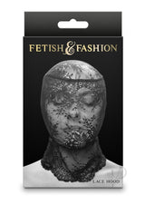 Fetish and Fashion Lace Hood Black packaging displaying a sensual lace hood designed for intimate encounters.