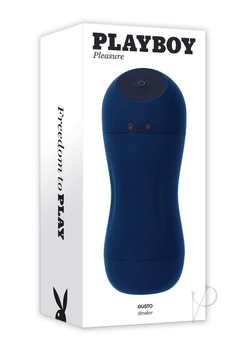 Playboy Gusto Rechargeable Silicone Masturbator Blue packaging and product design.