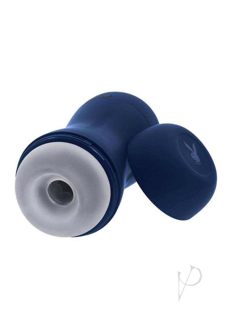 Playboy Gusto Rechargeable Silicone Masturbator Blue detailed view showcasing its realistic texture and design.