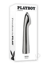 Playboy Swoon Rechargeable Vibrator Silver packaging showcasing sleek design and shiny metal finish.