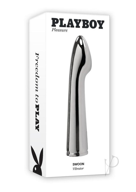 Playboy Swoon Rechargeable Vibrator Silver packaging showcasing sleek design and shiny metal finish.
