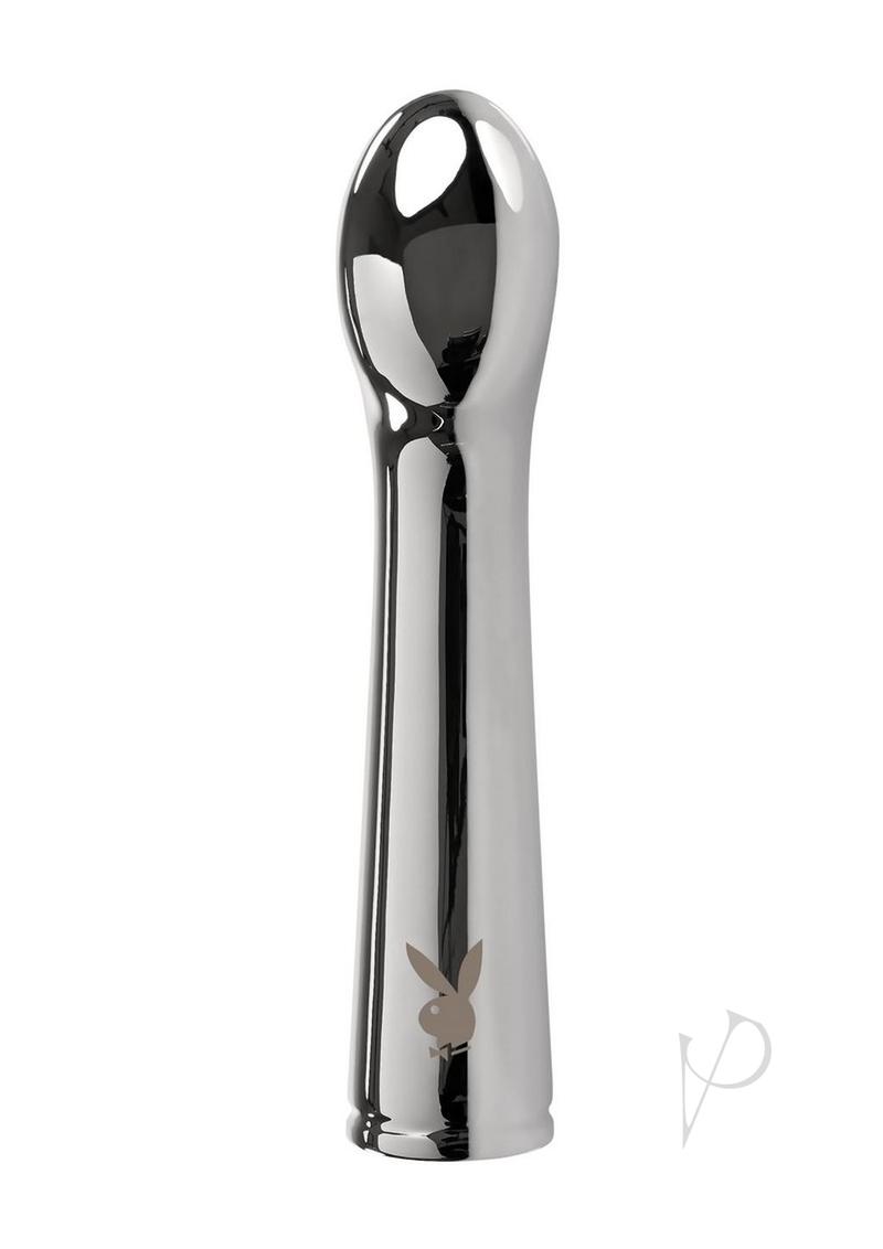 Playboy Swoon Rechargeable Vibrator Silver sleek metal massager with smooth surface for targeted pleasure.