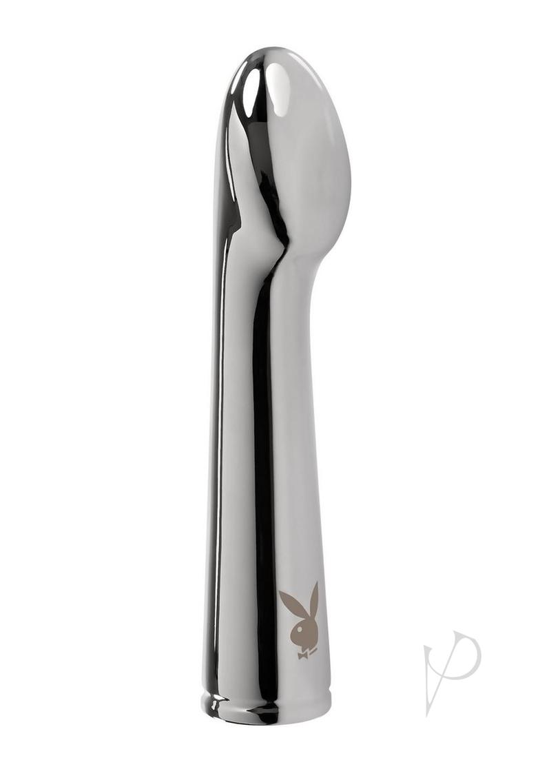 Playboy Swoon Rechargeable Vibrator Silver sleek metal massager for targeted pleasure and smooth sensations.